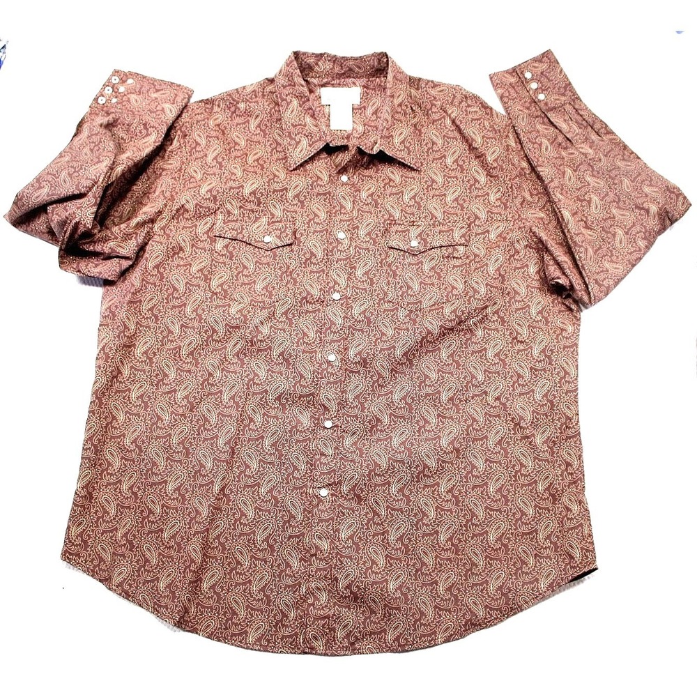 Wrangler Wrancher Mens XXL Brown Paisley Pearl Snap Western Shirt MTW1401
